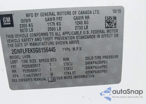 2016 Chevrolet Equinox Lt z USA, uszkodzony, nr VIN 2GNFLFEK5G6156445